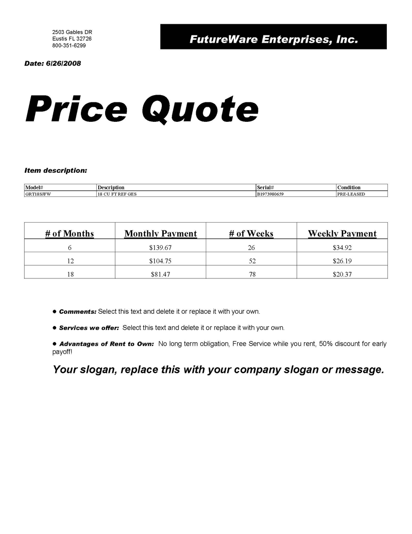 Sample Price Quote Form